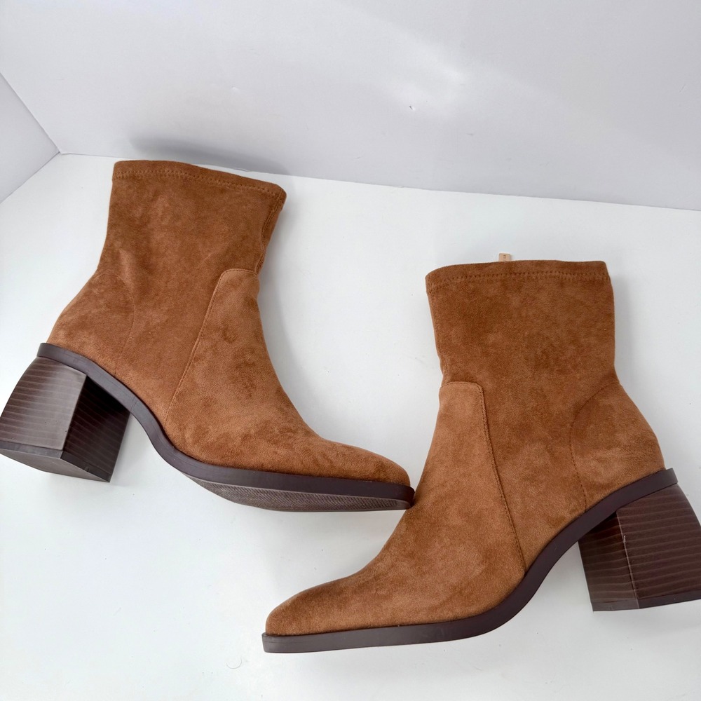Anne Klein Astrid Cognac Brown Faux Suede Square Toe Block Heel Ankle Boots 9.5